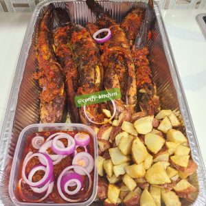 tilapia + plantain or yam/sauce